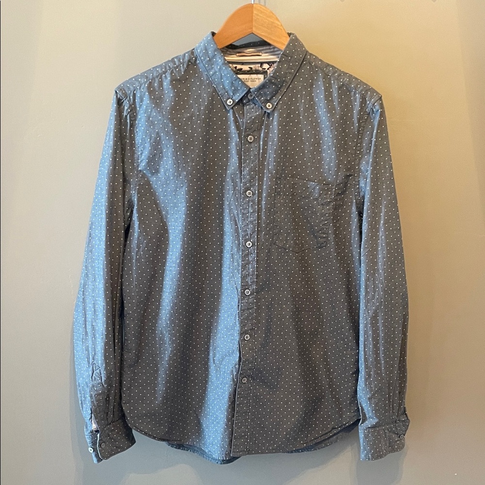 Denim & Flower Blue Polka Dot Button Down‎ Shirt Size L